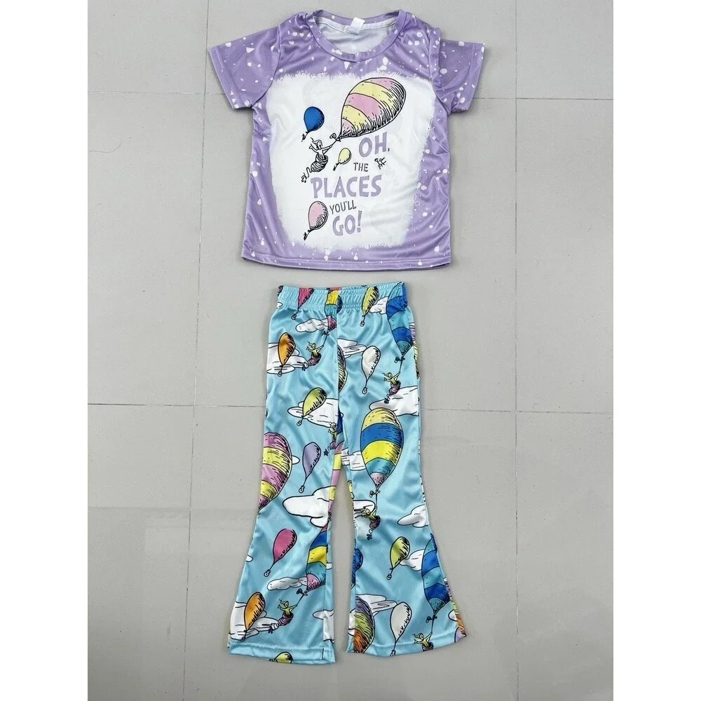 Dr Seuss Oh The Paces You'll Go! 2 piece Outfit Set Flare Bell Bottoms Tee  5-6